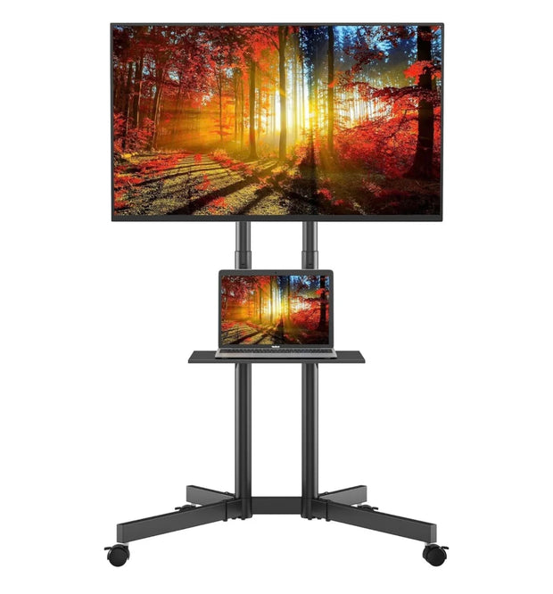 Soporte de TV con ruedas para pantallas de 32” a 70” | Altura ajustable, bandeja y ángulo de inclinación | Hasta 100 l